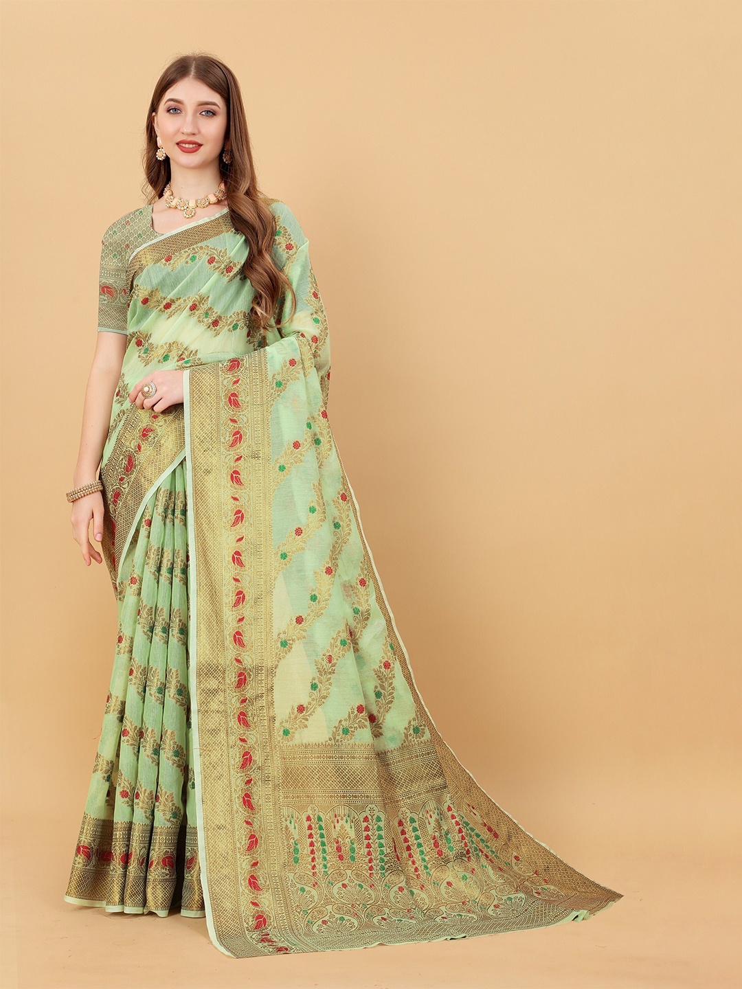 

bansari textiles Woven Design Zari Banarasi Saree, Green
