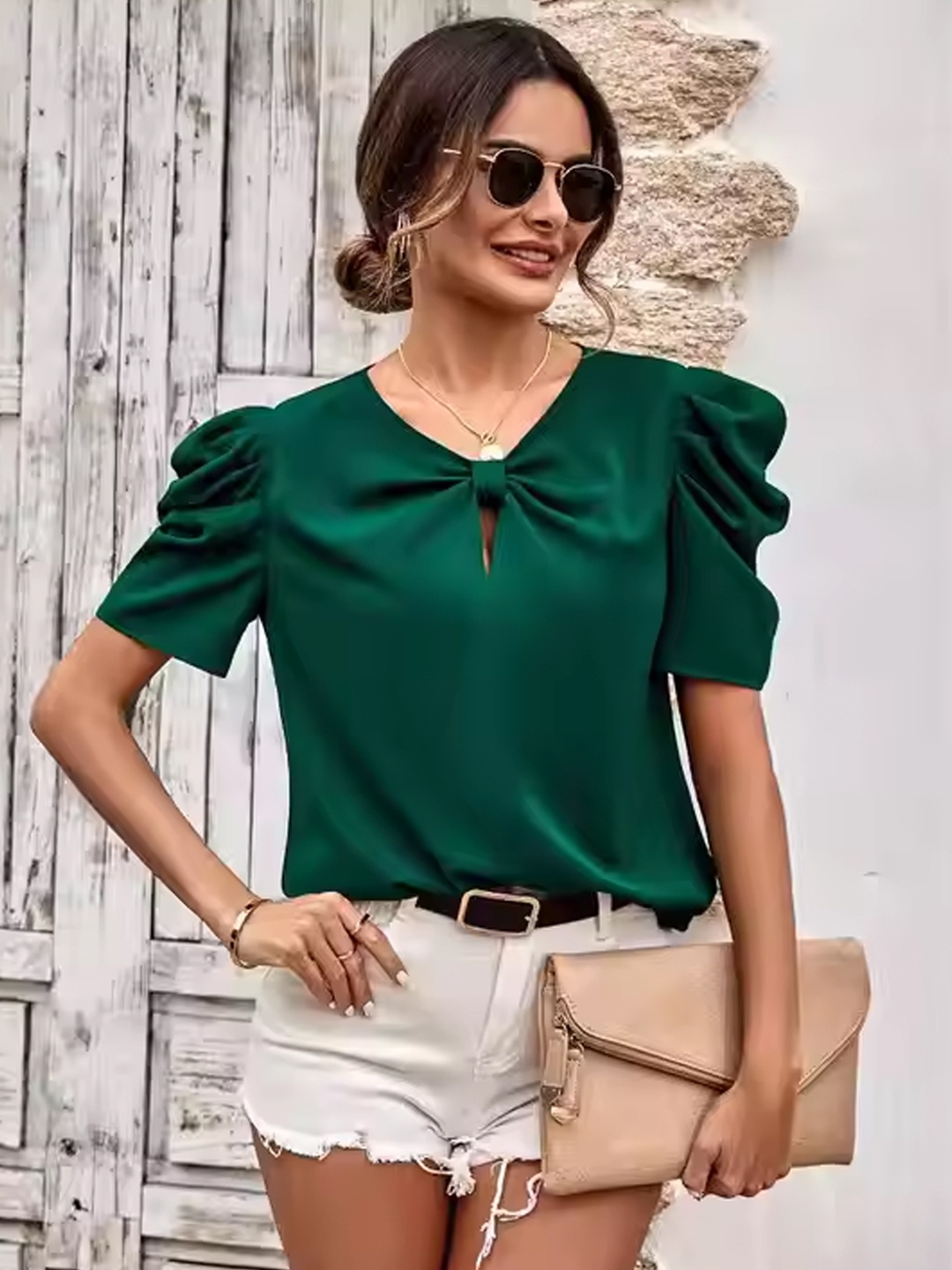 

StyleCast Tie-Up Neck Puff Sleeve Blouson Top, Green
