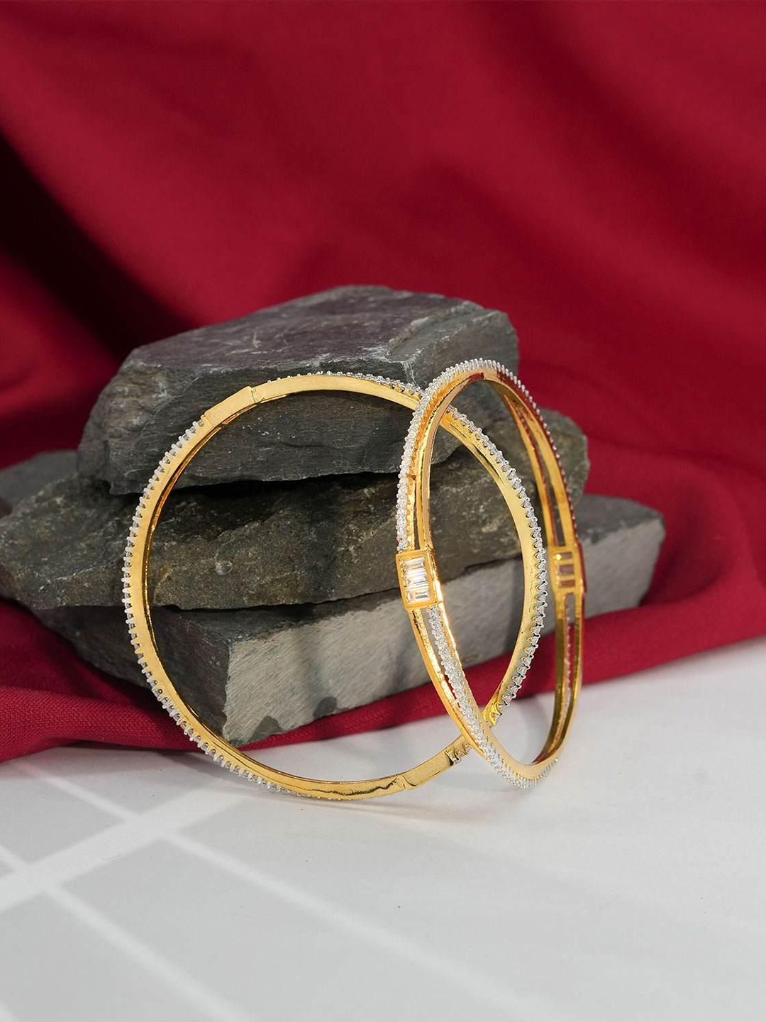 

Zevarly Set Of 2 Gold-Plated American Diamond & Cubic Zirconia Stone-Studded Bangles