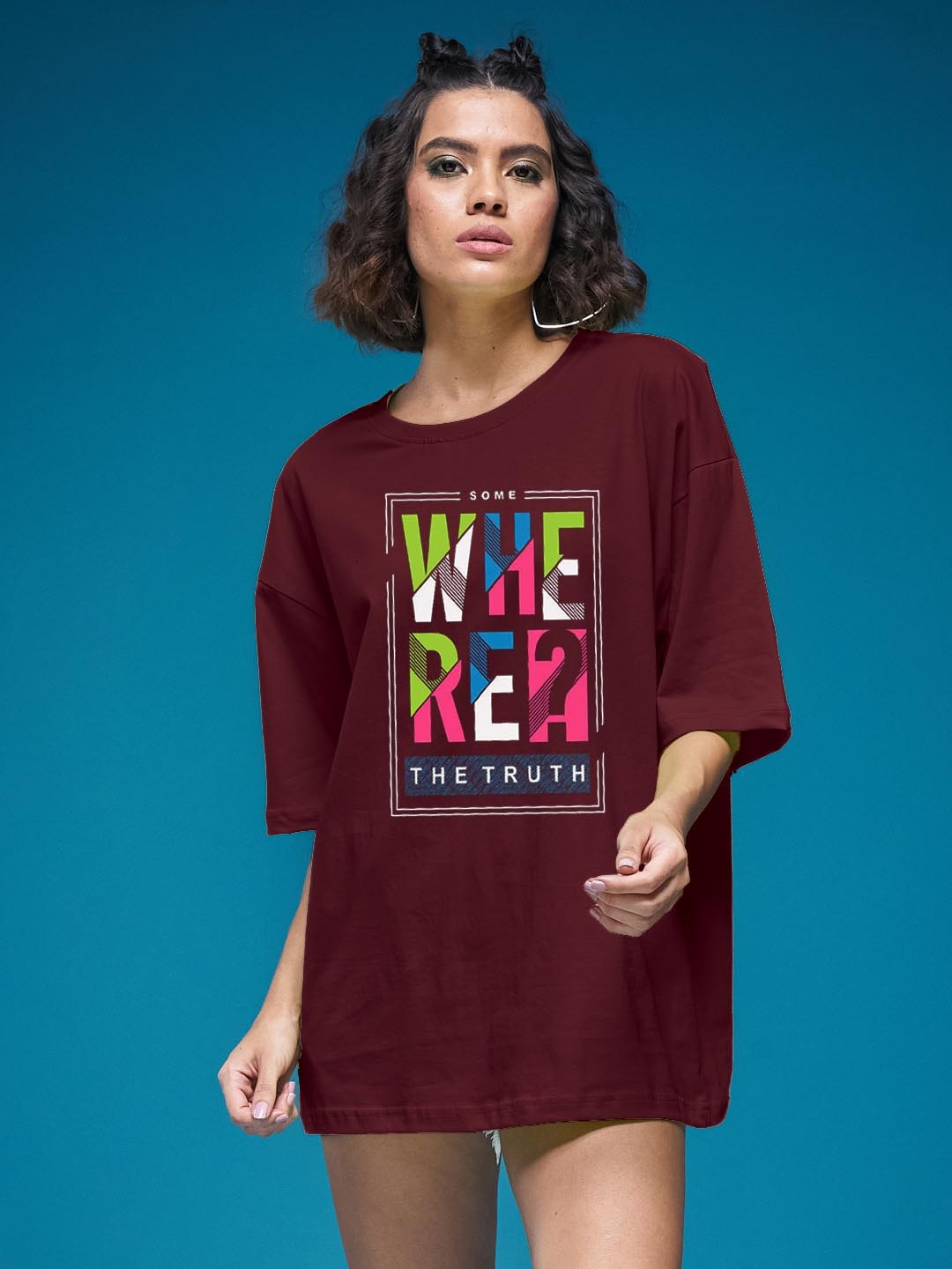 

SMARTEES Women Typography Printed Round Neck Cotton Oversized T-shirt, Maroon