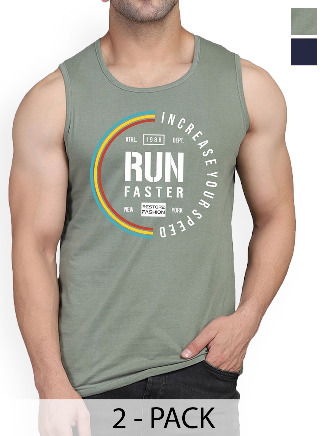 

WOOSTRO Pack Of 2 Printed Innerwear Vests - RS26 CMB (RUN LGTGREEN) (MORE NAVY), Green