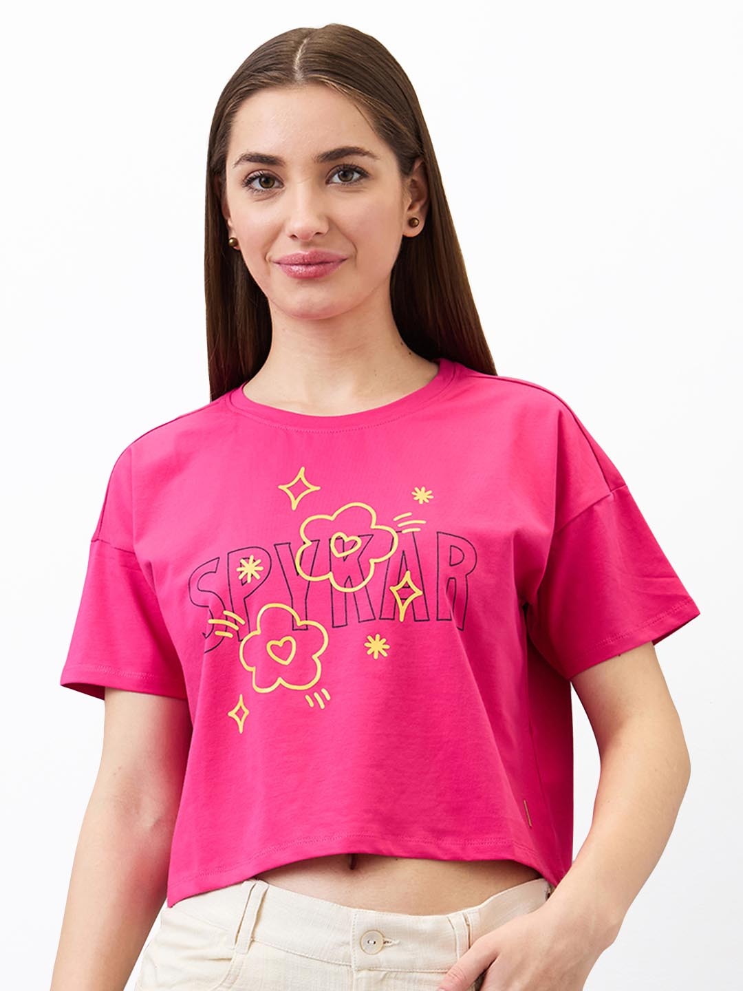 

SPYKAR Women Typography Printed Round Neck Cotton Boxy T-shirt, Pink
