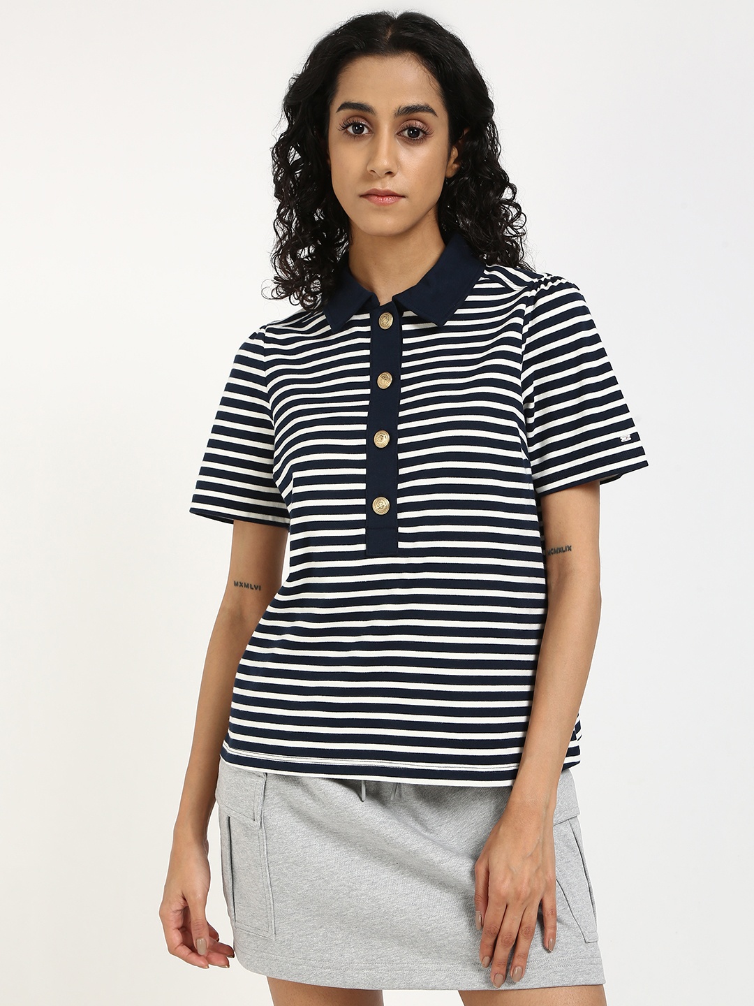 

Tommy Hilfiger Women Striped Polo Collar Cotton T-shirt, Navy blue