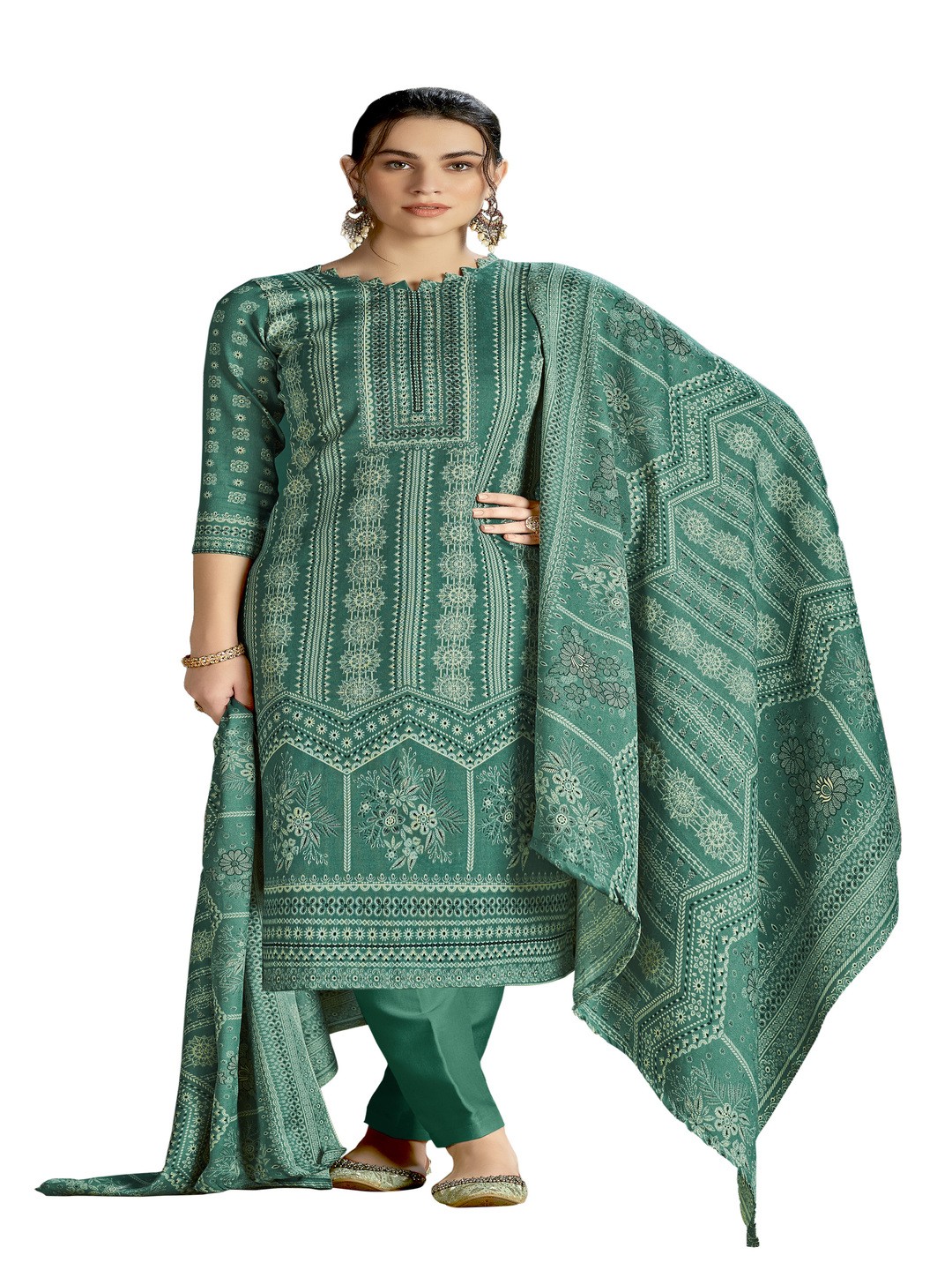 

DRAVINAM Trends Ethnic Motifs Printed Pashmina Unstitched Dress Material, Green