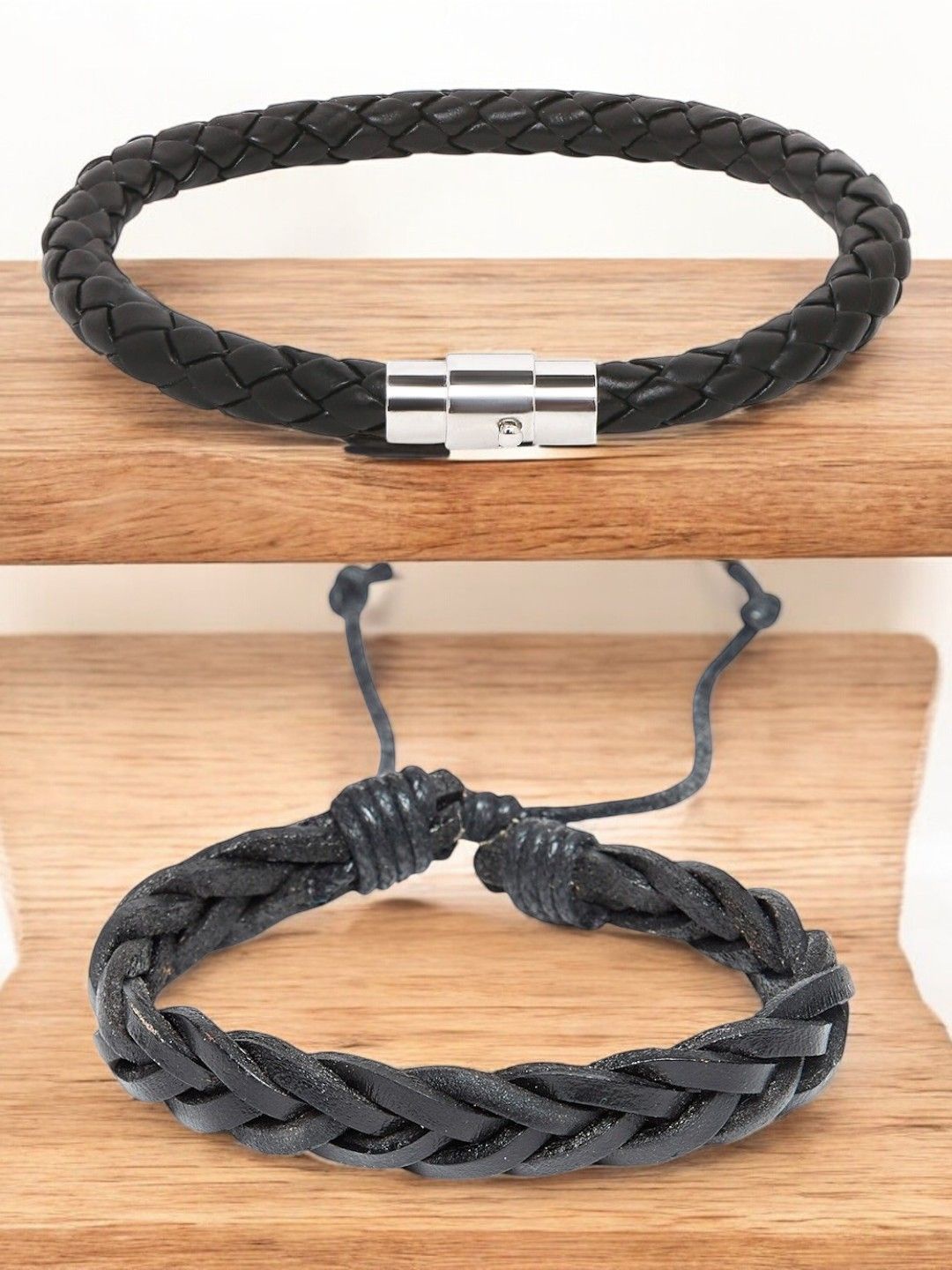 

fabula Men Set of 2 Braided Leather Wraparound Bracelet, Black