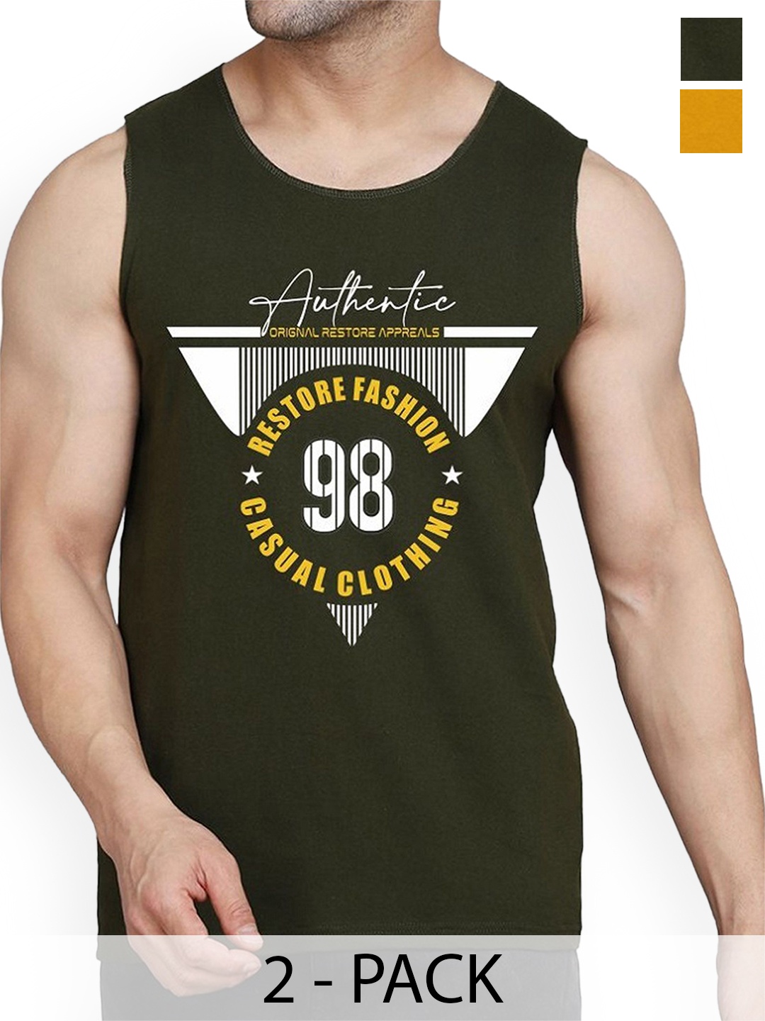 

Woostro Men Pack Of 2 Printed Odour-Free Innerwear Gym Vests, Olive