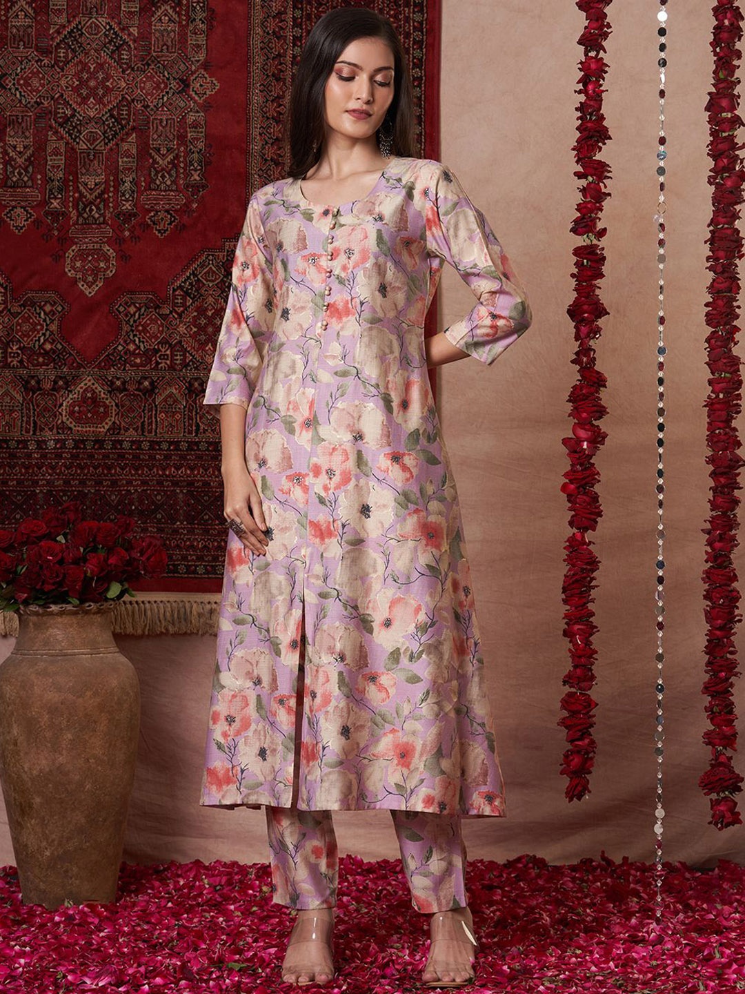 

Anni Designer Floral Printed A-Line Kurta With Trousers, Lavender