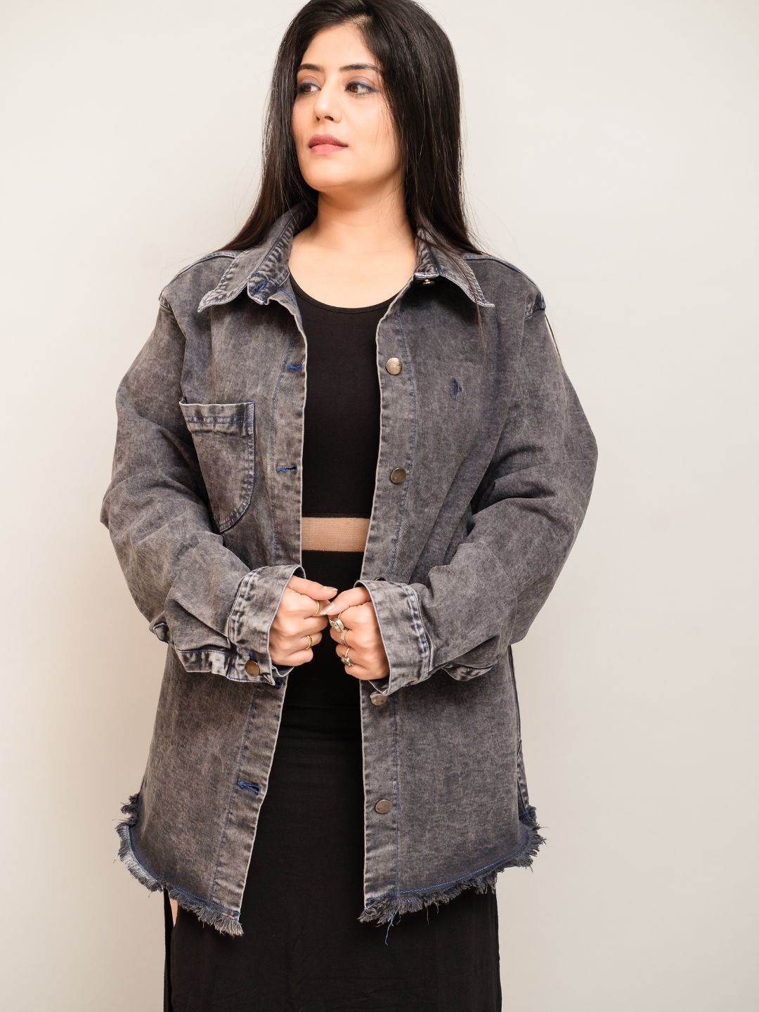 

Wasomii Women Spread Collar Washed Solid Casual Denim Jacket, Grey