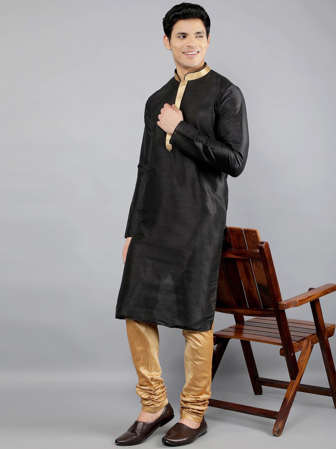 

Manish Creations Woven Design Mandarin Collar Jacquard Straight Kurta With Churidar, Black