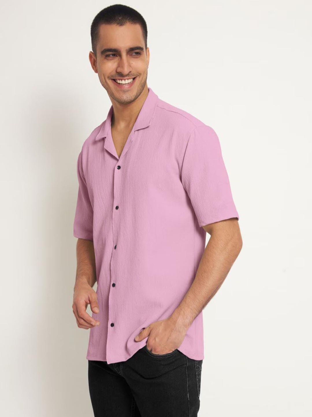 

Moda Rapido Men Relaxed Fit Cuban Collar Solid Casual Shirt, Pink