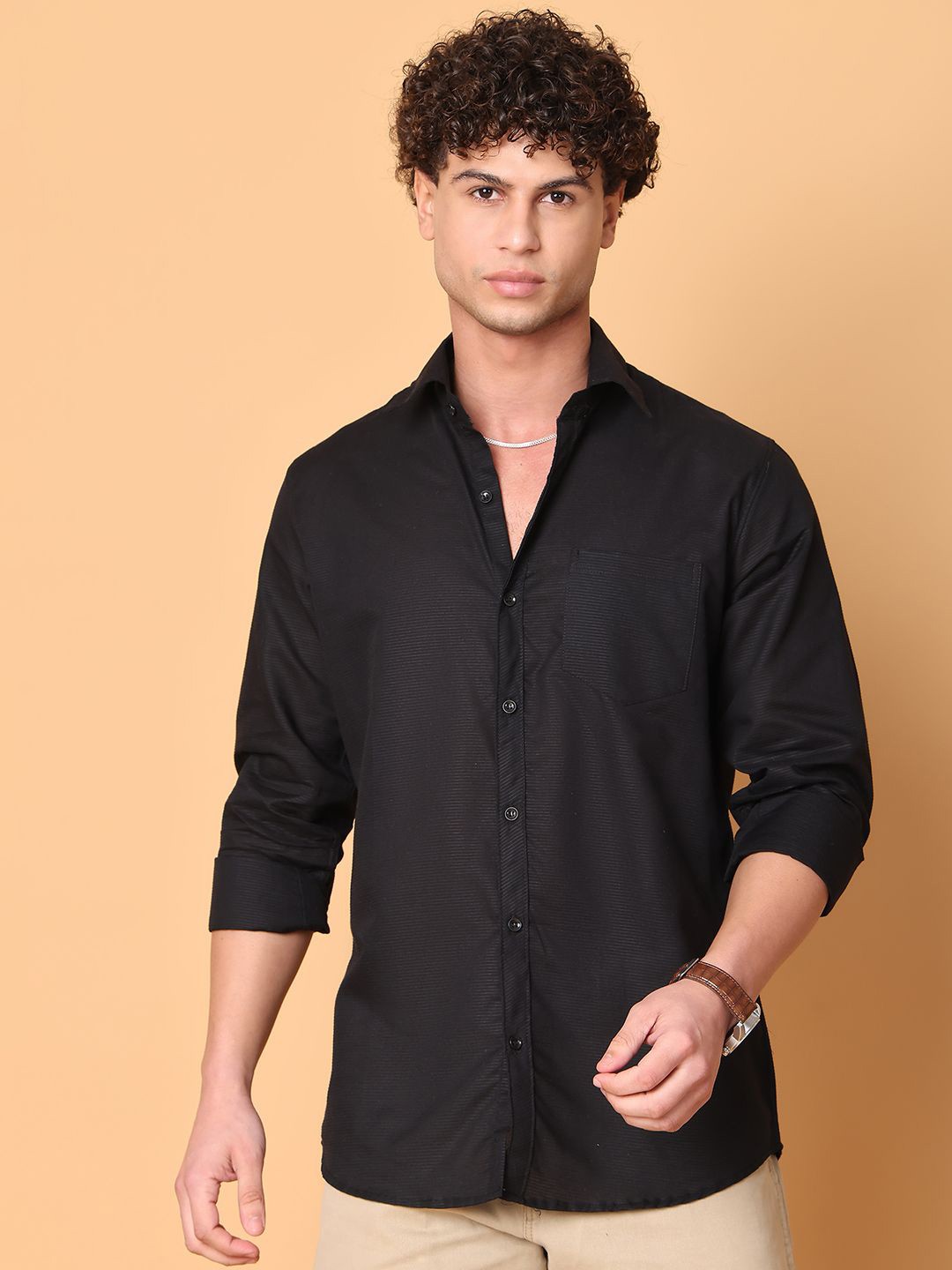 

Tanip Men Spread Collar Textured Cotton Casual Shirt, Black