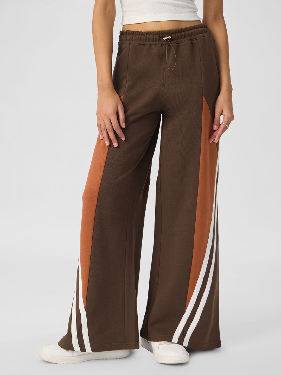 

The Souled Store Colourblocked Russet Flared Cotton Track Pant, Brown