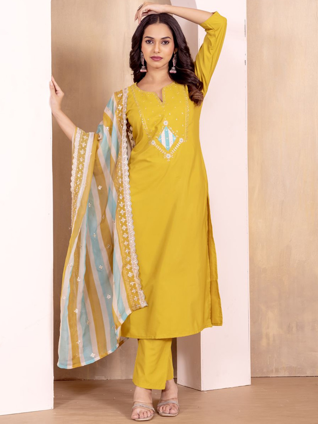 

KALINI Ethnic Motifs Embroidered Notch Neck Straight Kurta With Trouser And Dupatta, Yellow