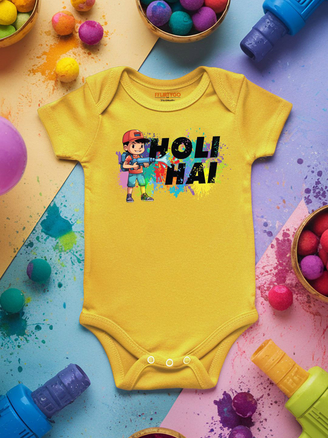 

FFLIRTYGO Infants Holi Printed Cotton Bodysuit, Yellow