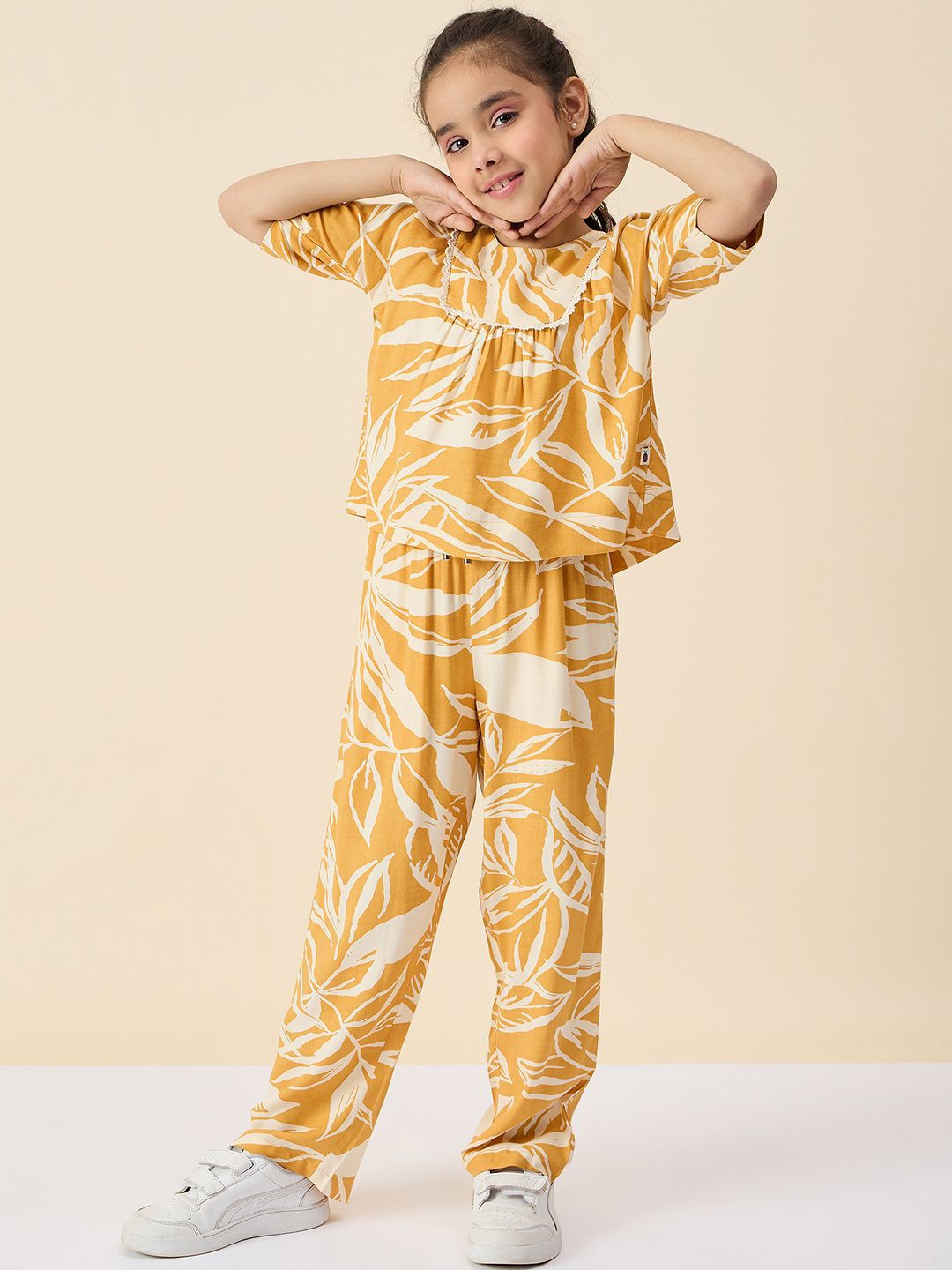 

Stylo Bug Girls Printed Short Sleeves Top with Trouser, Mustard