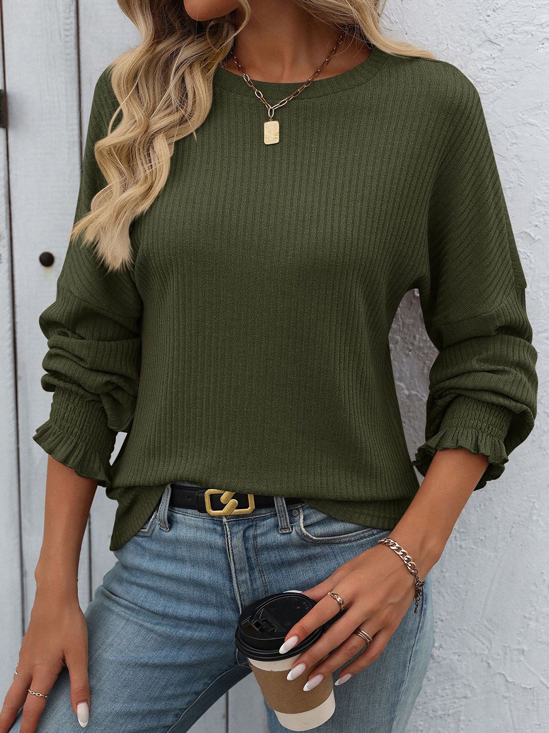 

StyleCast x Revolte Ribbed Cuffed Sleeve Longline Top, Green