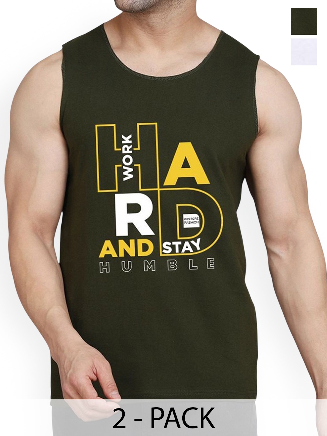 

WOOSTRO Pack Of 2 Printed Combed Cotton Gym Vest RS26 CMB (HARD OLIVE) (HARD WHITE)
