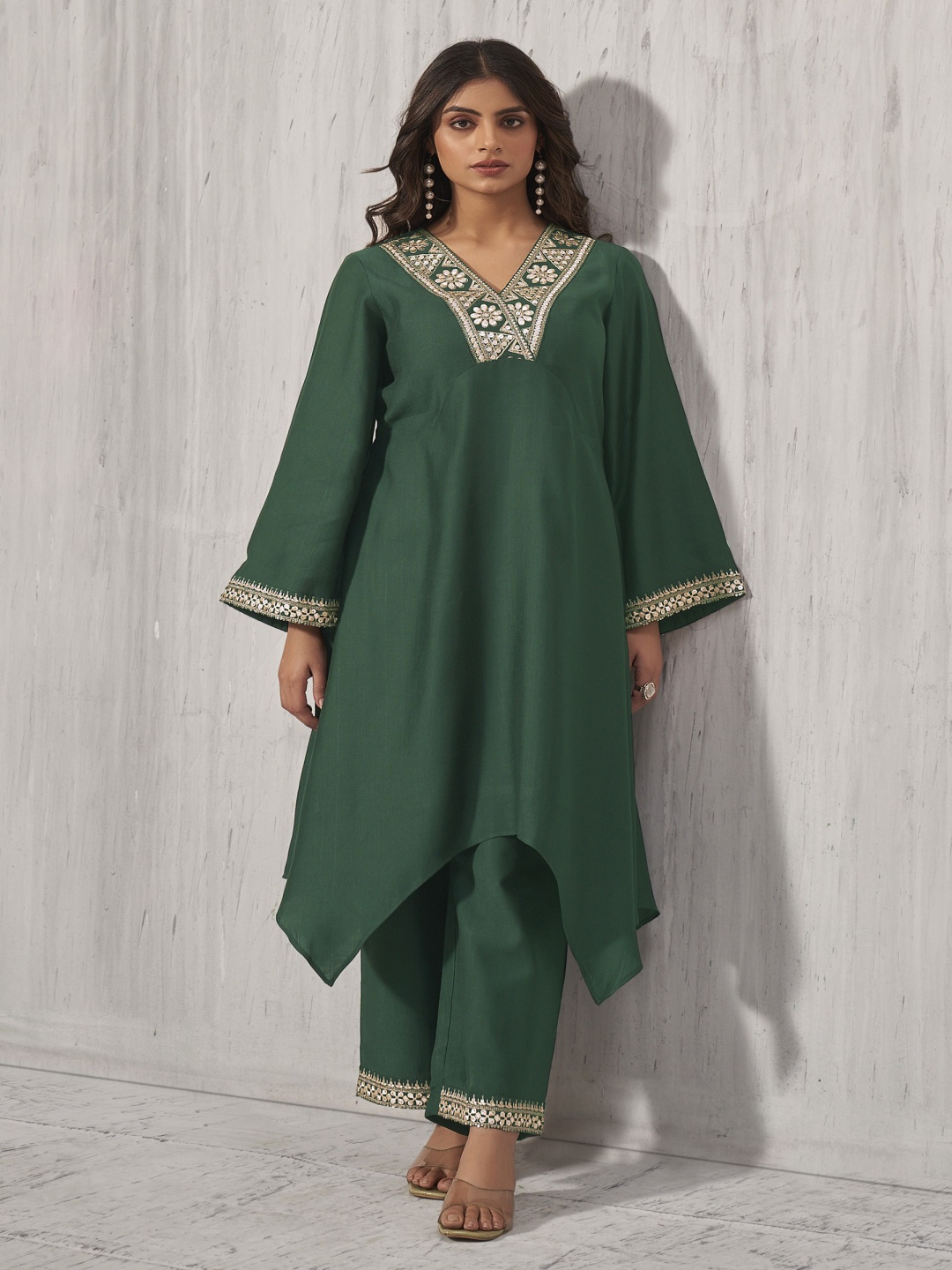 

Anouk Women Floral Yoke Design V-Neck Sequinned A-Line Kurta With Trouser, Green