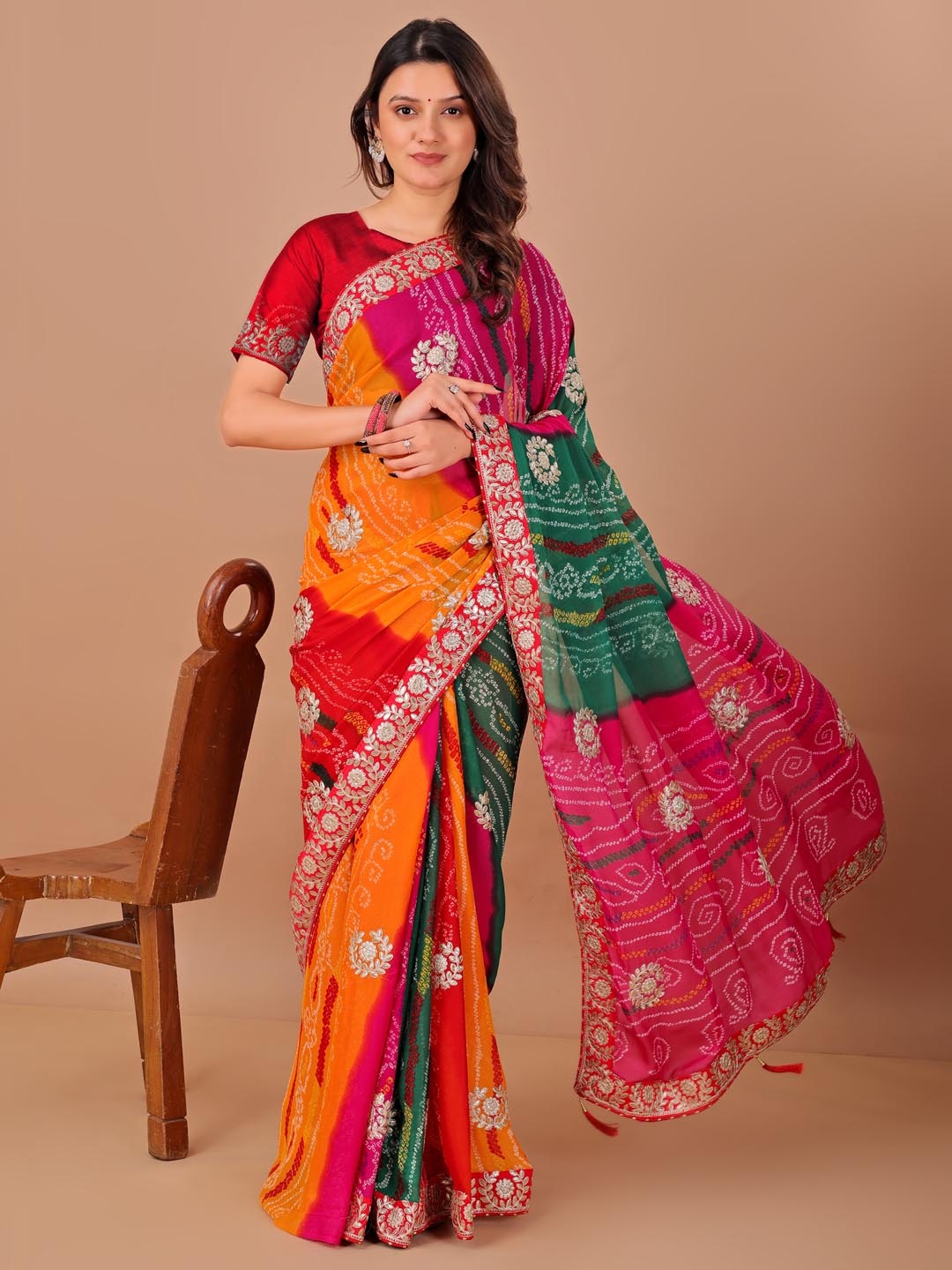 

Panzora Bandhani Gotta Patti Poly Georgette Bandhani Saree, Orange