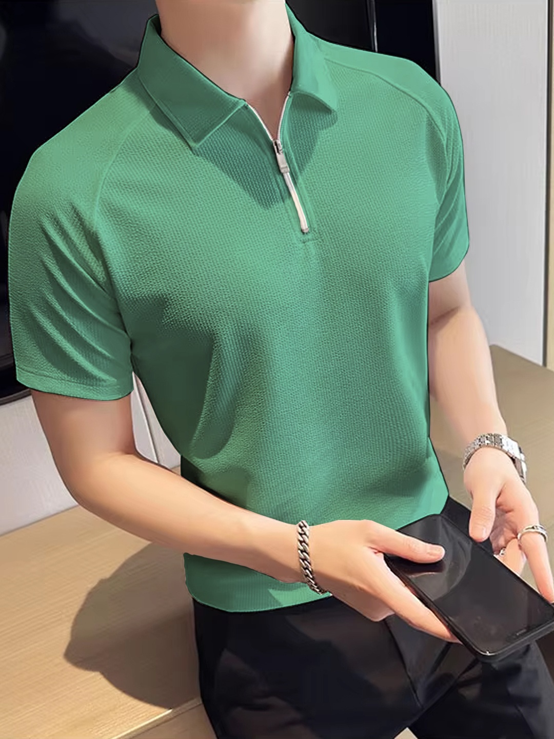 

madfrog Men Self Design Polo Collar Slim Fit T-shirt, Green