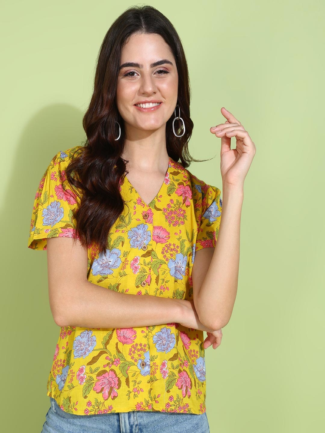 

DressBerry Women Collarless Floral Printed Cotton Casual Shirt, Yellow