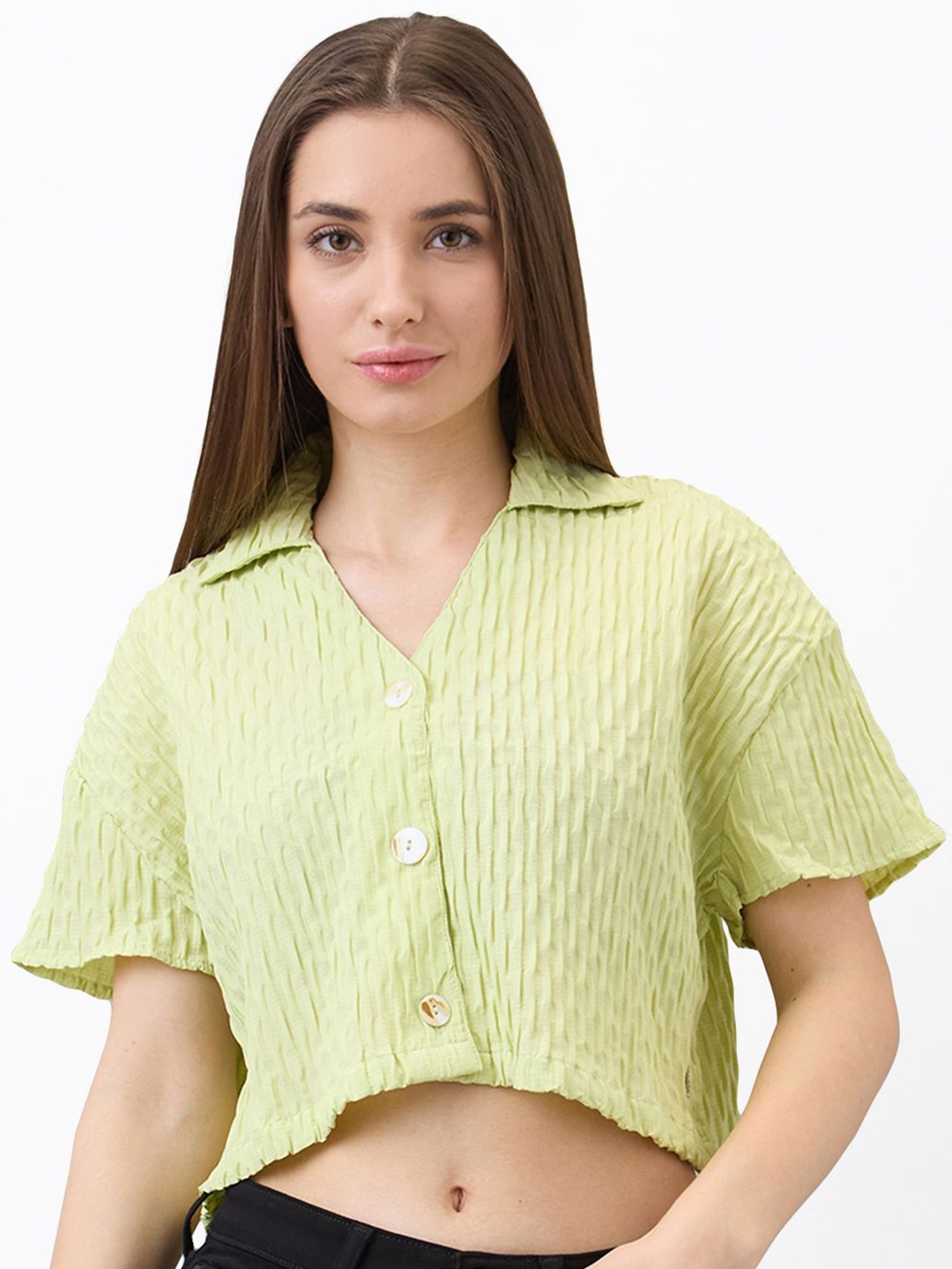 

SPYKAR Women Boxy Fit Spread Collar Textured Casual Shirt, Green