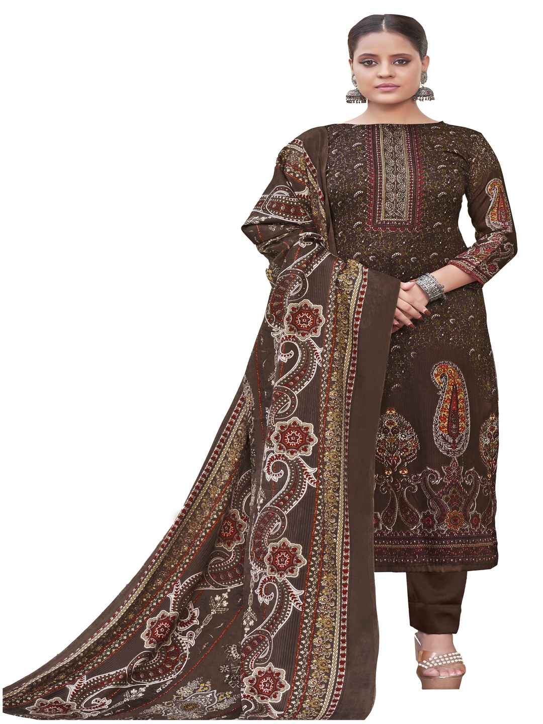 

DRAVINAM Trends Paisley Printed Pashmina Unstitched Dress Material, Brown
