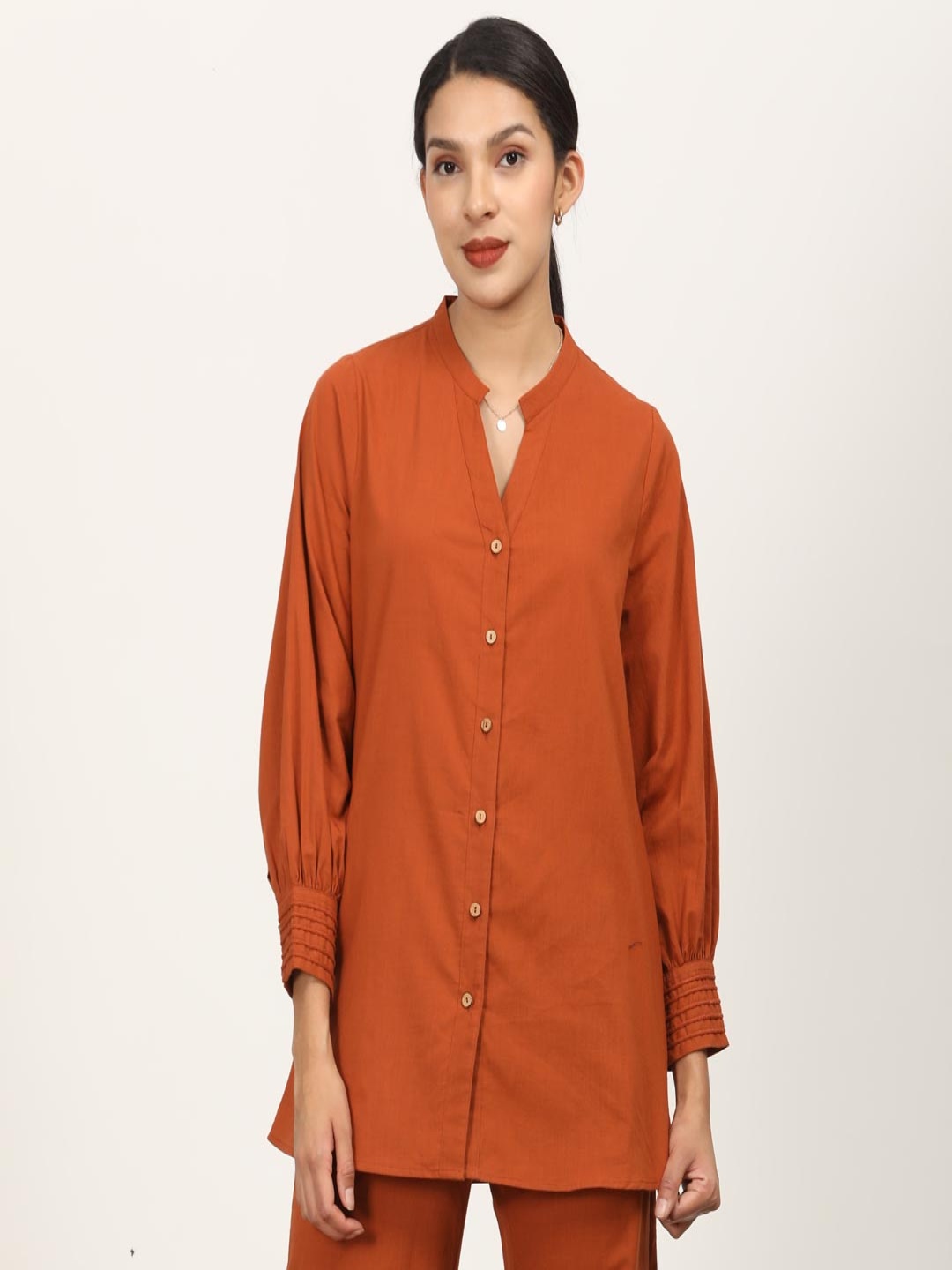 

Saltpetre Women Relaxed Fit Mandarin Collar Solid Cotton Formal Shirt, Orange