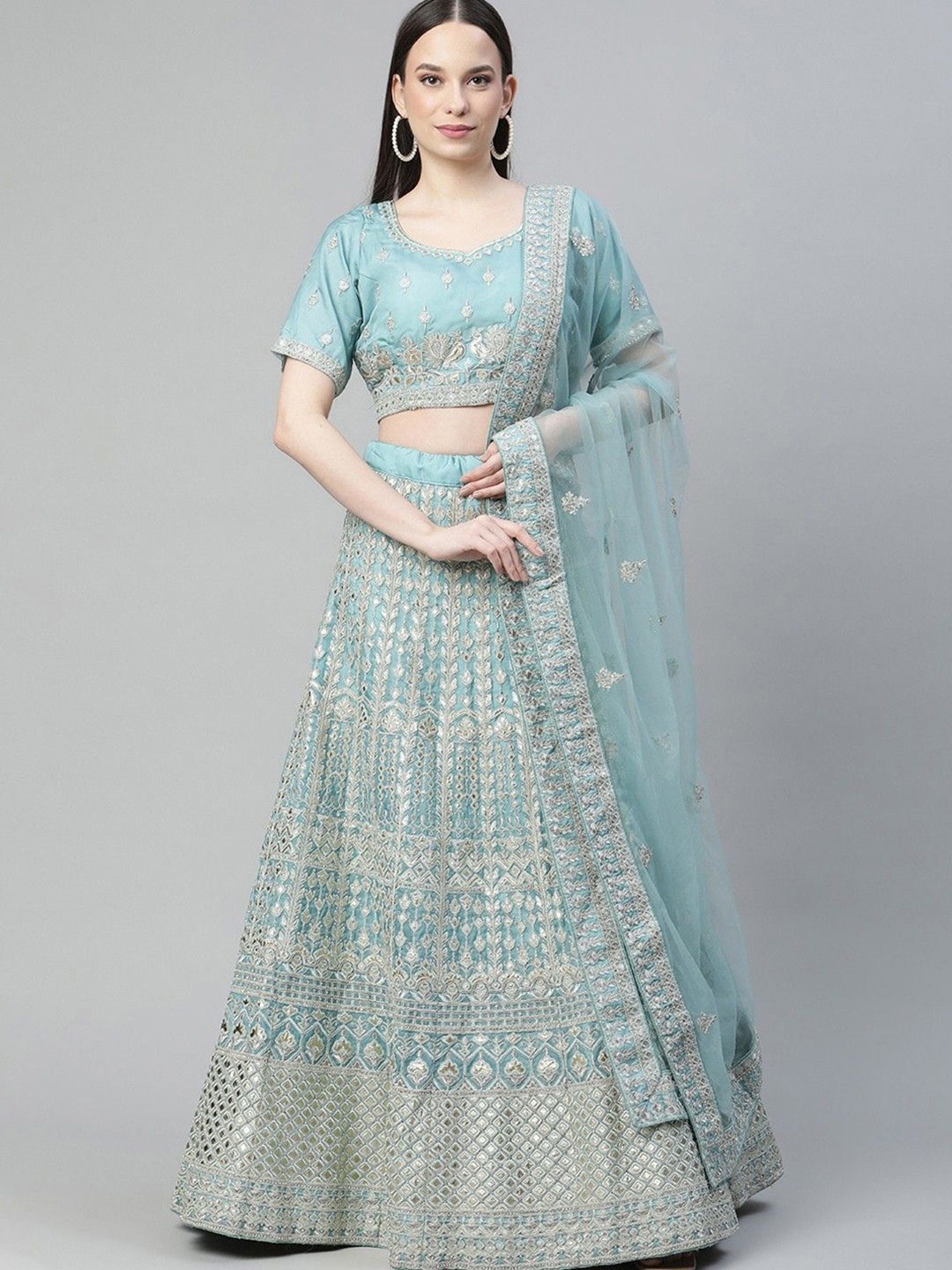 

Fusionic Embellished Sequinned Semi-Stitched Lehenga & Blouse With Dupatta, Turquoise blue