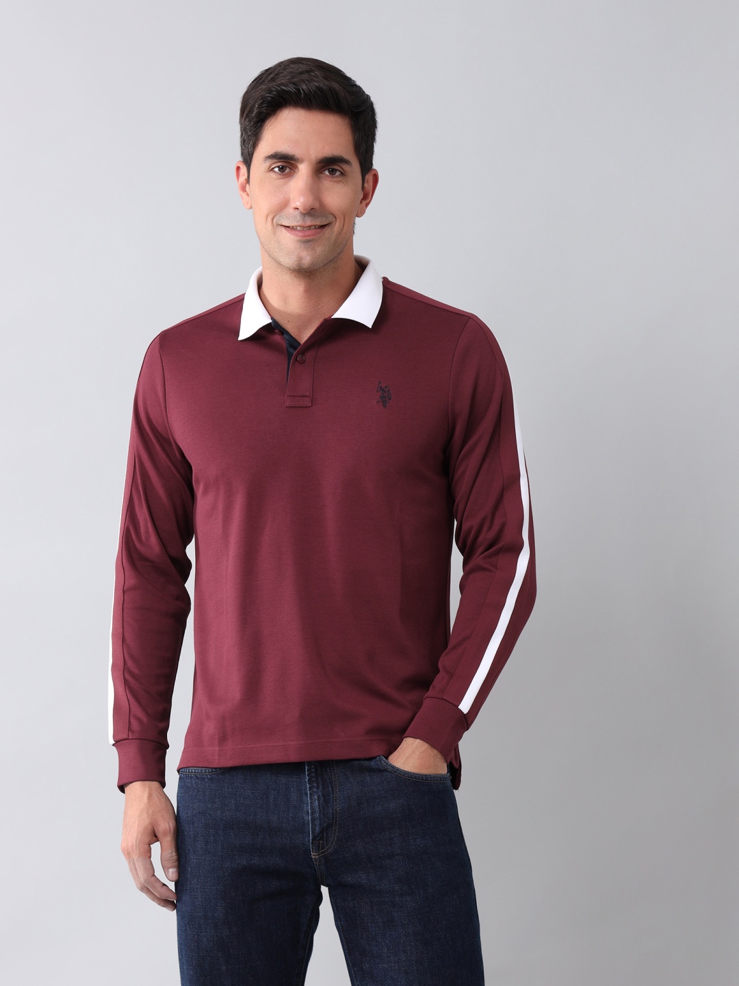 

U.S. Polo Assn. Denim Co. Men Striped Polo Collar Cotton Slim Fit T-shirt, Maroon