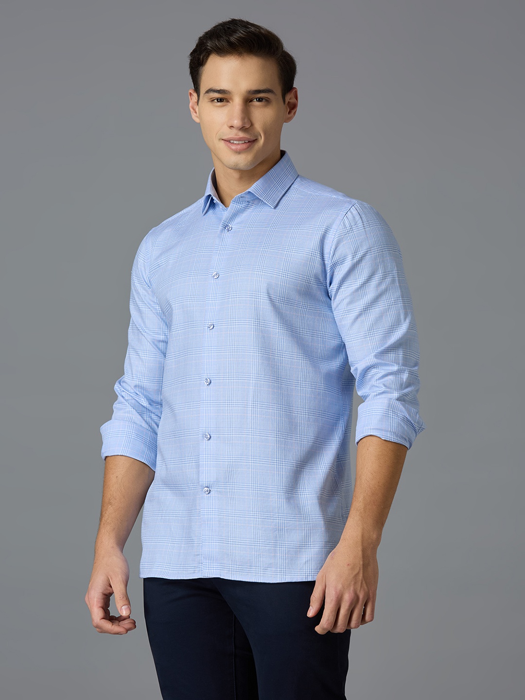 

Reid & Taylor Men India Slim Fit Spread Collar Checked Cotton Casual Shirt, Blue