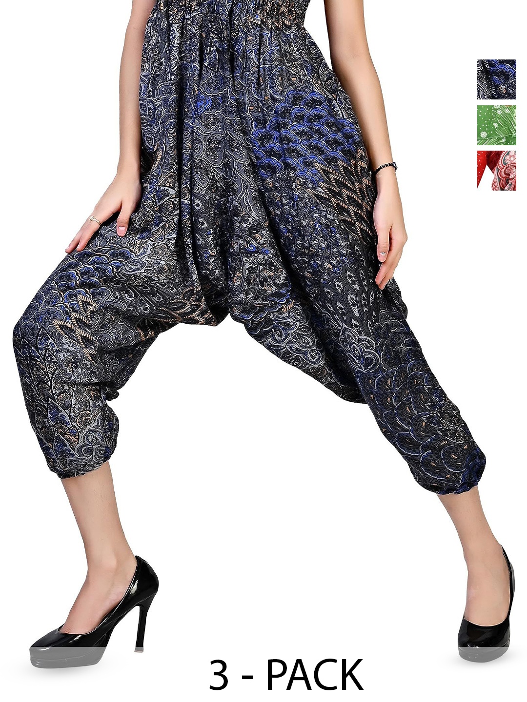 

NarNari Women Pack Of 3 Printed Harem Pants, Green