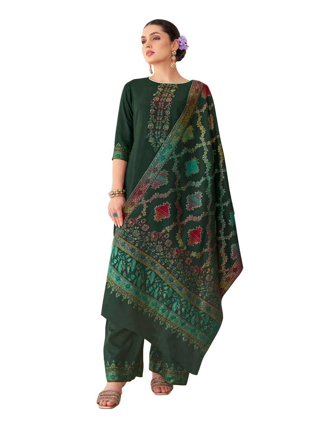 

DRAVINAM Trends Floral Woven Design Pashmina Unstitched Dress Material, Green