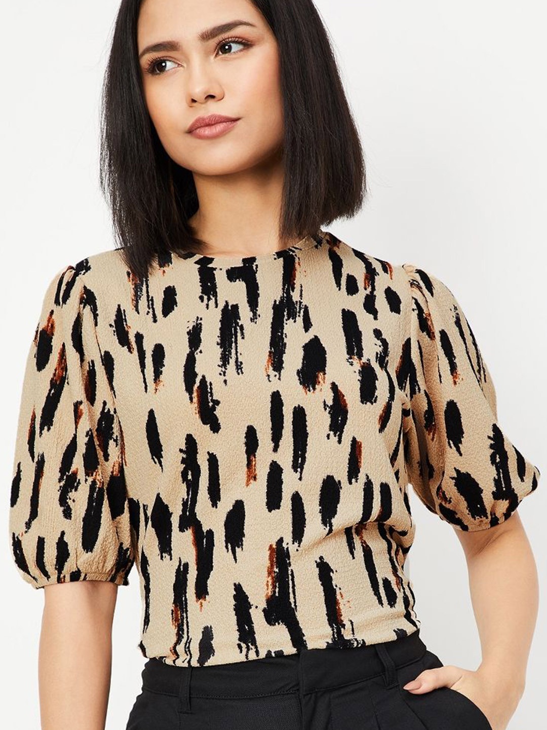 

max Women Animal Printed Puff Sleeve Top, Beige