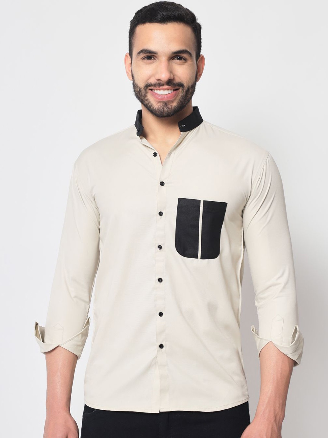 

SHANLIYA Men Classic Fit Band Collar Solid Cotton Casual Shirt, Beige