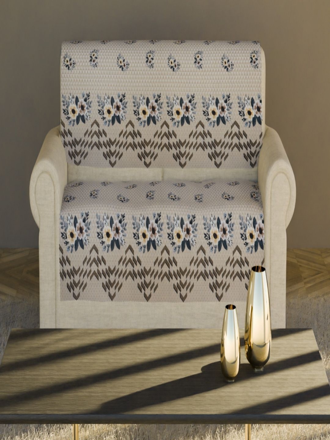

Fashion Throw Beige & Grey 2 Pieces Floral Printed Velvet 2 Seater Sofa Covers
