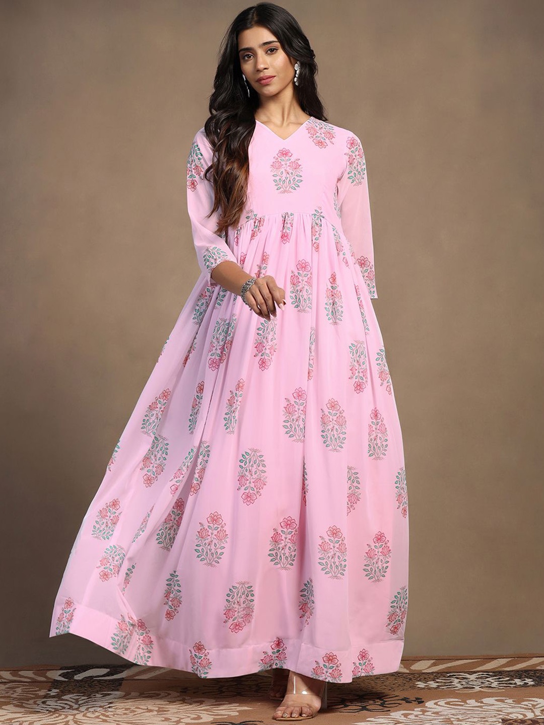 

Moda Rapido Women Floral Printed Fit & Flared Maxi Ethnic Dress, Pink