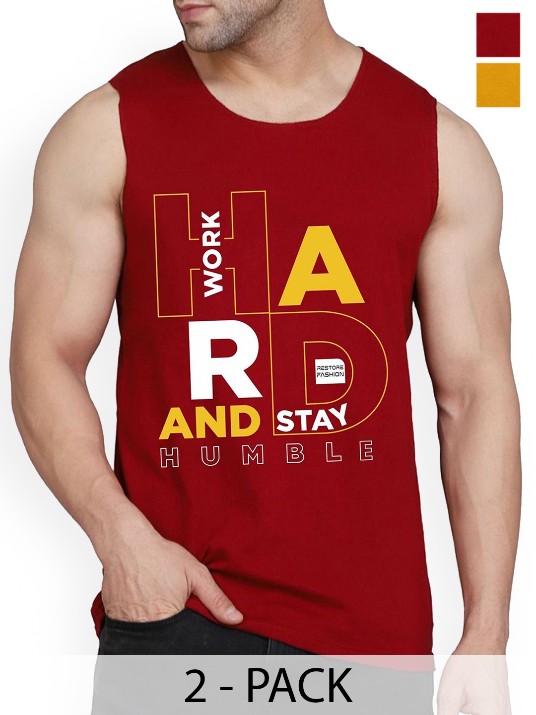 

WOOSTRO Pack Of 2 Printed Combed Cotton Gym Vest RS26 CMB (HARD MAROON) (RUN MUSTARD)