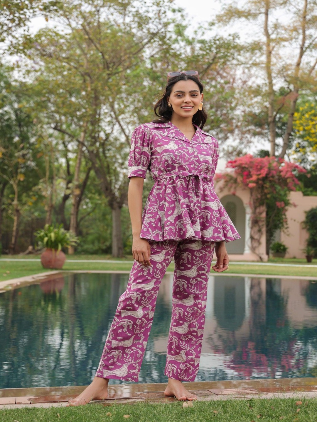 

JISORA Printed Shirt Collar Pure Cotton Co-Ords Set, Purple
