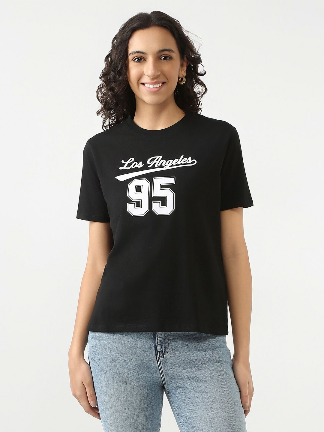 

Kraus Jeans Women Typography Printed Round Neck Cotton T-shirt, Black