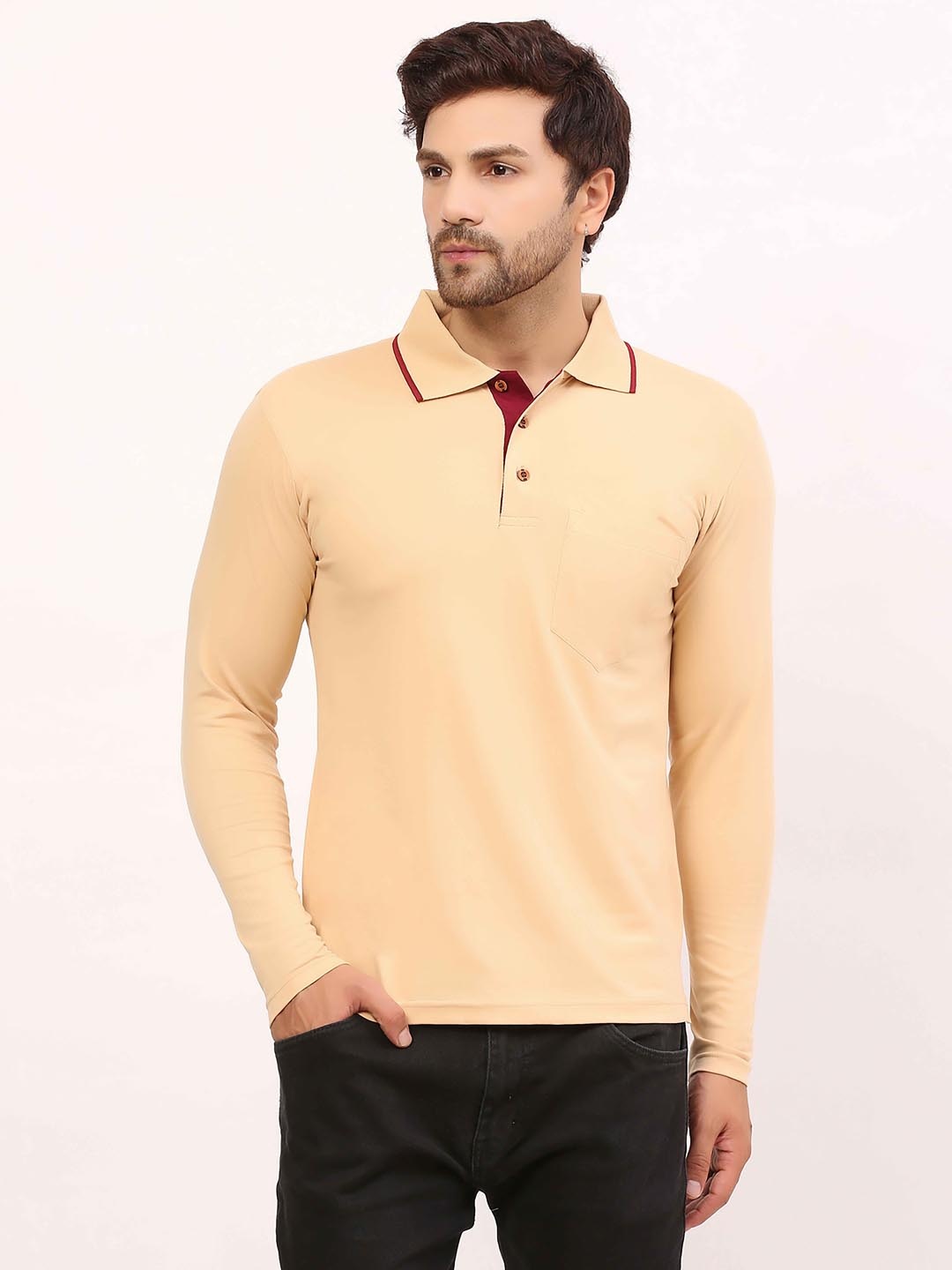 

ALARM Men Solid Polo Collar Cotton T-shirt, Beige