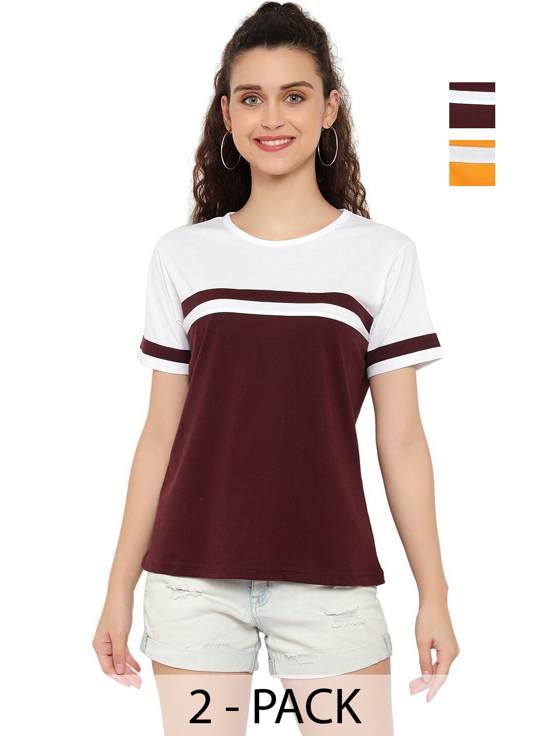 

DEEPMAYRA COLLECTION Women Pack Of 2 Colourblocked Round Neck Cotton T-shirts, Maroon