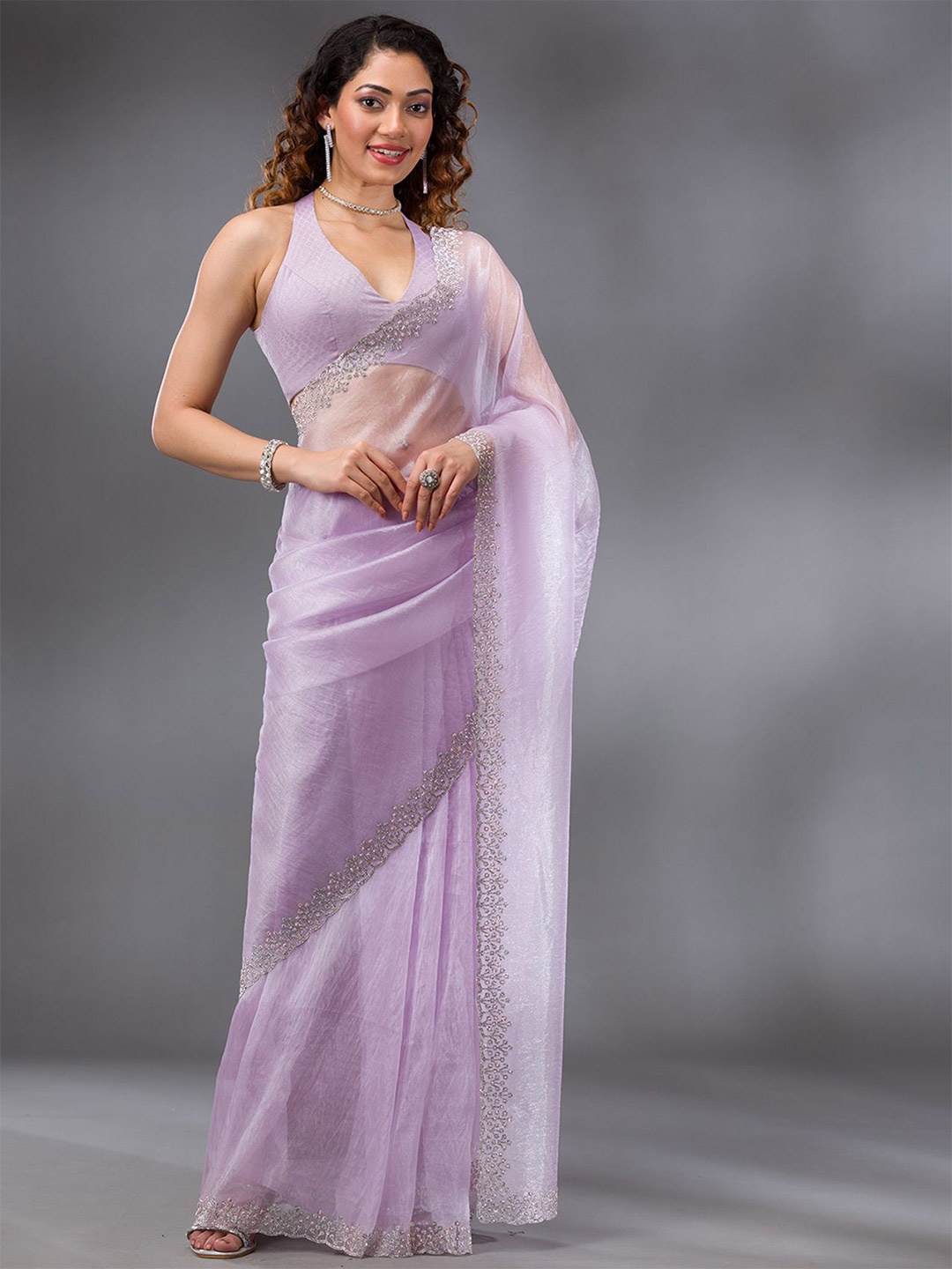 

Koskii Floral Beads and Stones Tissue Saree, Purple