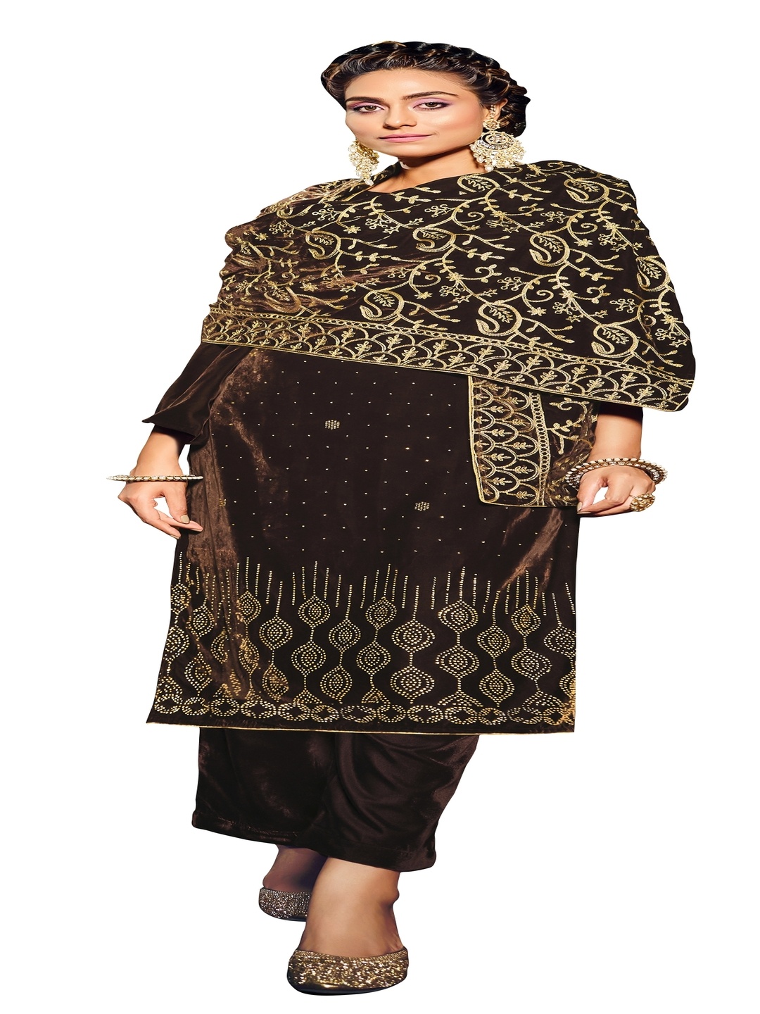 

DRAVINAM Trends Ethnic Motifs Embellished Velvet Unstitched Dress Material, Brown