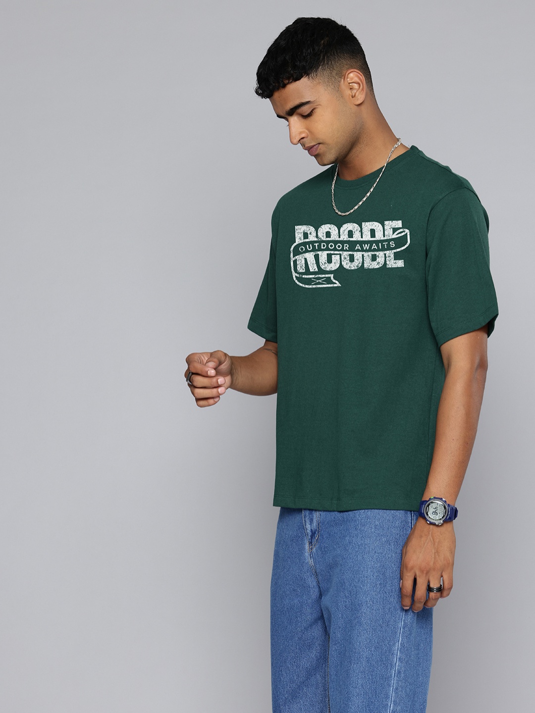 

R.Code by The Roadster Life Co. Men Printed Applique T-shirt, Green