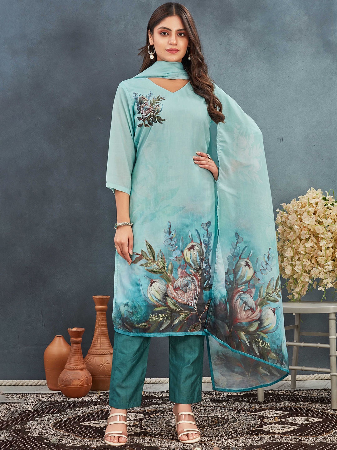 

Moda Rapido Floral Printed V-Neck Straight Kurta With Trousers And Dupatta, Sea green