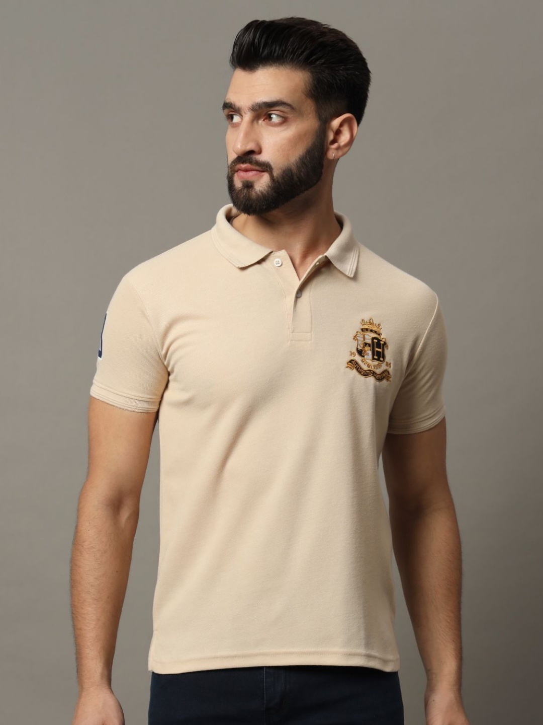 

HUSHBUCKS Men Polo Collar Pockets T-shirt, Cream