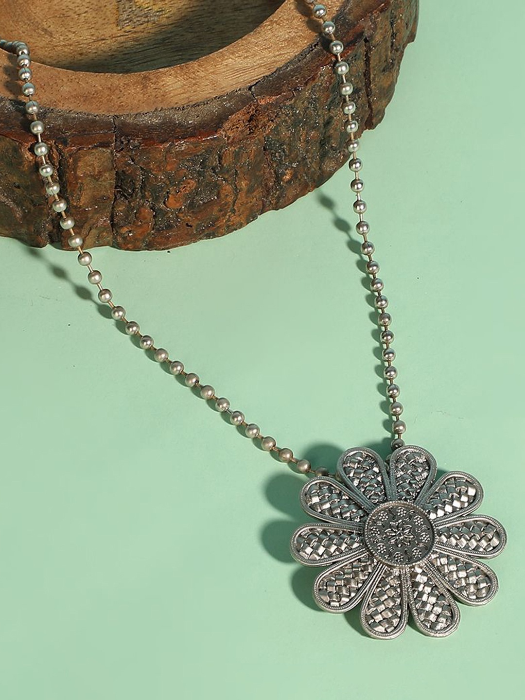 

Anouk Silver-Plated Artificial Beads Beaded Floral Oxidized Pendants With Chains