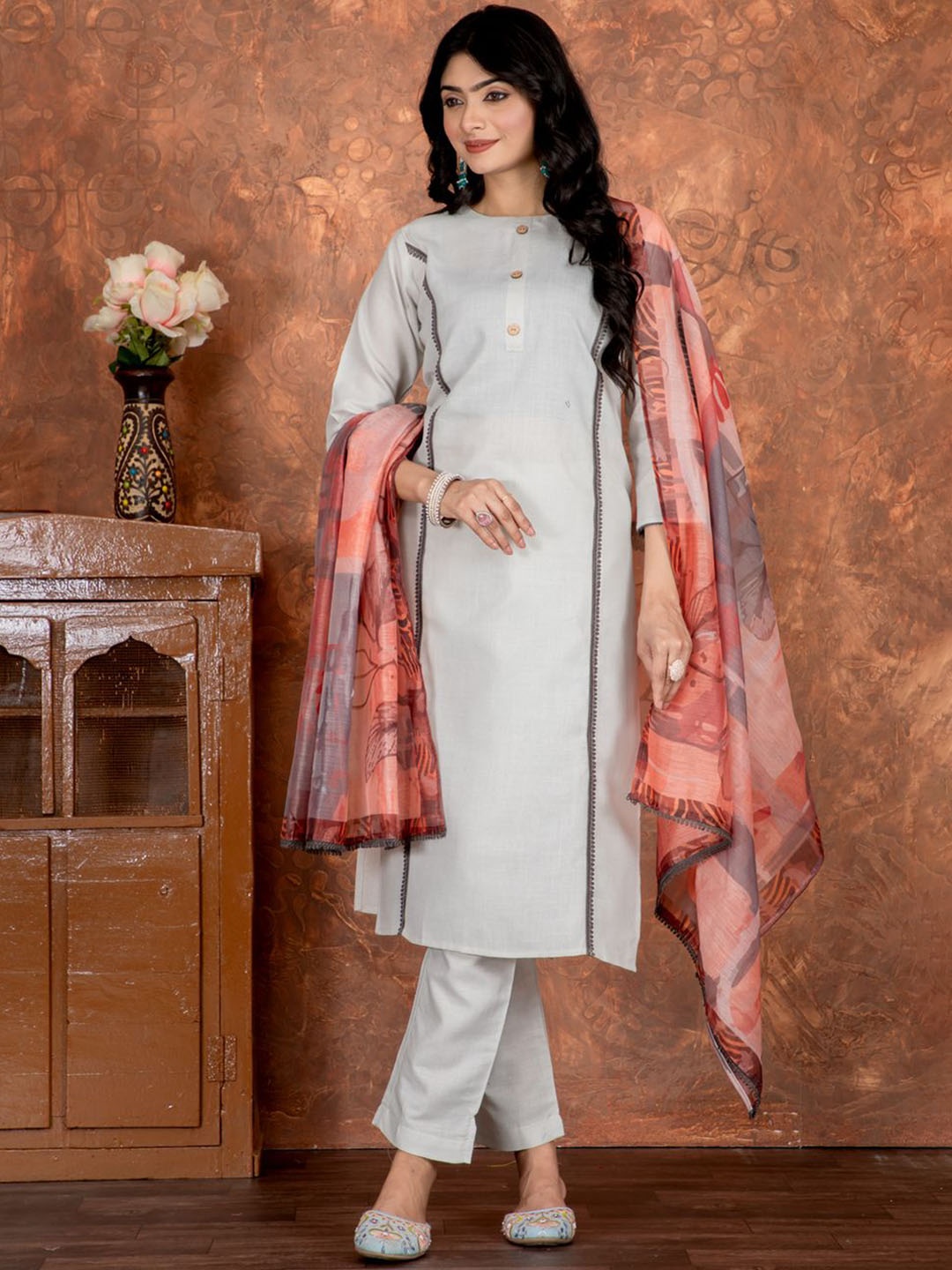 

KALINI Round Neck Straight Kurta With Trouser And Dupatta, Grey