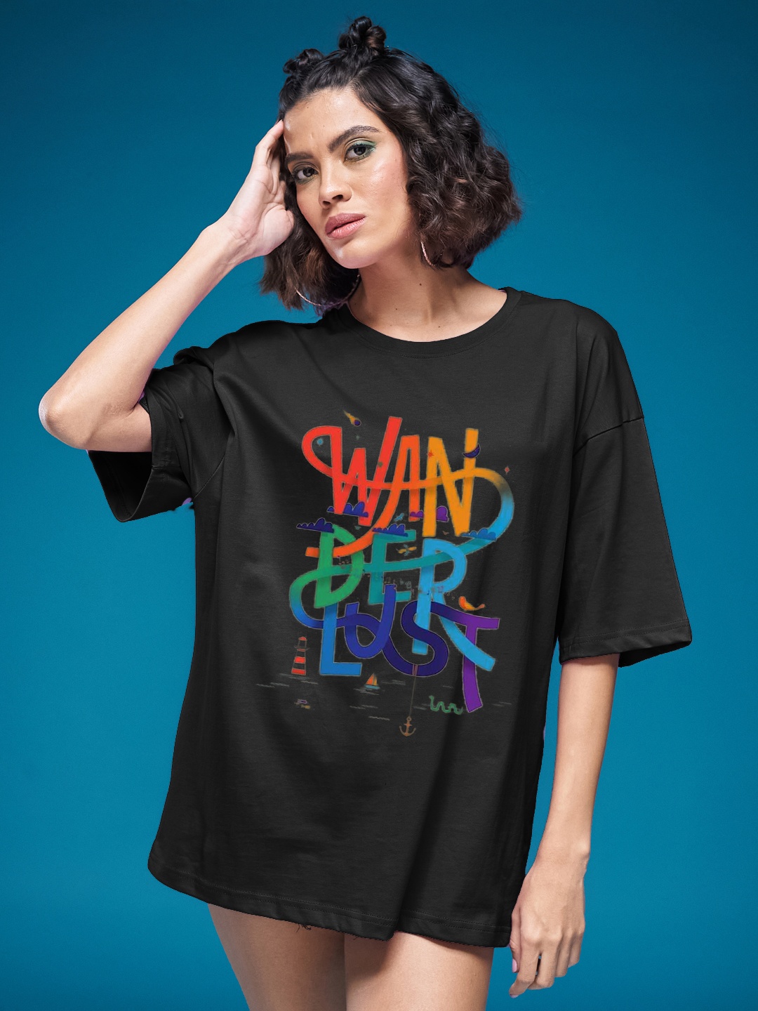 

SMARTEES Women Printed Raw Edge T-shirt, Black